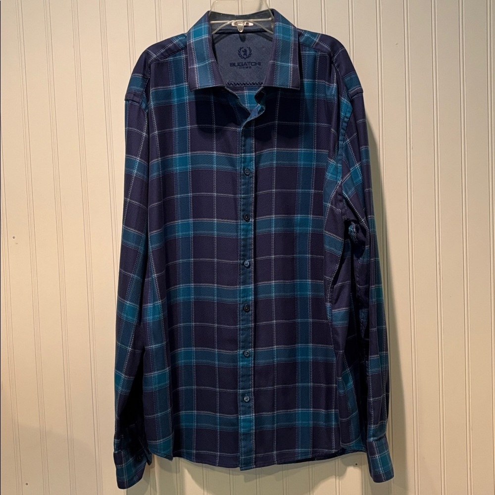 Bugatchi Navy and Teal Plaid Shirt Size XXL